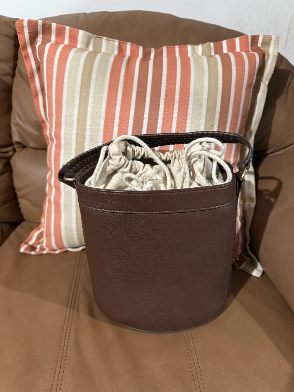 J. Jill Brown Bucket Shoulder Bag and crossbody with Cream Drawstring
